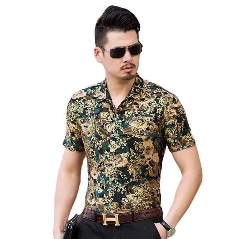 Men's Printed Short Sleeve Shirt Brown Red Floral Business Casual