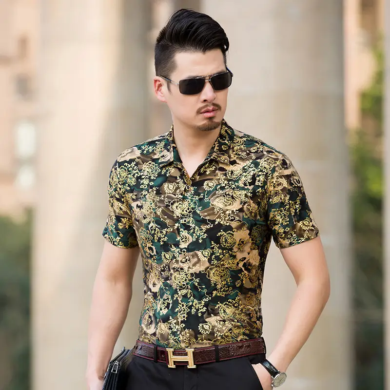 Men's Printed Short Sleeve Shirt Brown Red Floral Business Casual
