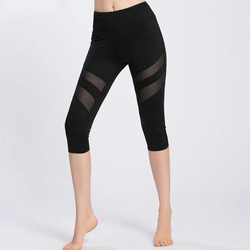 Black Mesh Cropped Yoga Pants for Women - Image 2