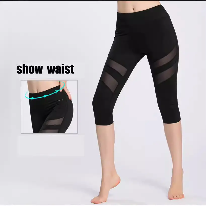 Black Mesh Cropped Yoga Pants for Women - Image 4