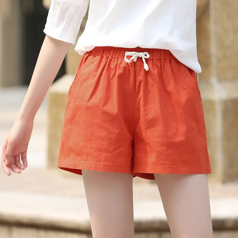 Women Orange Cotton Linen Loose Shorts Large - Image 11