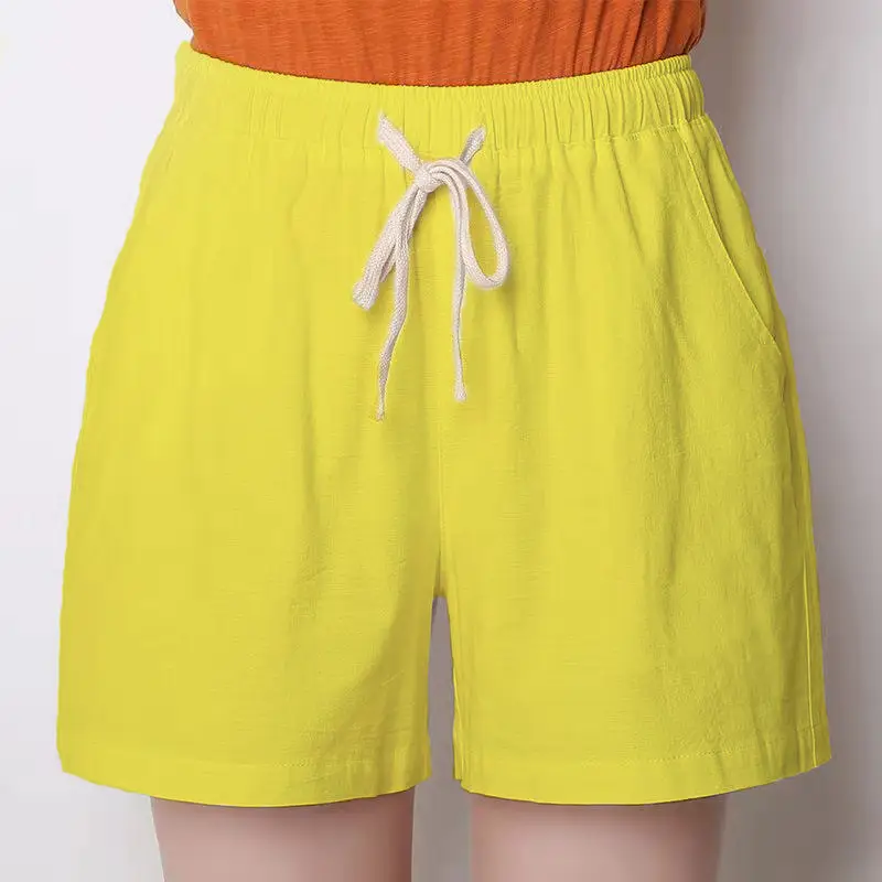 Women Orange Cotton Linen Loose Shorts Large - Image 2
