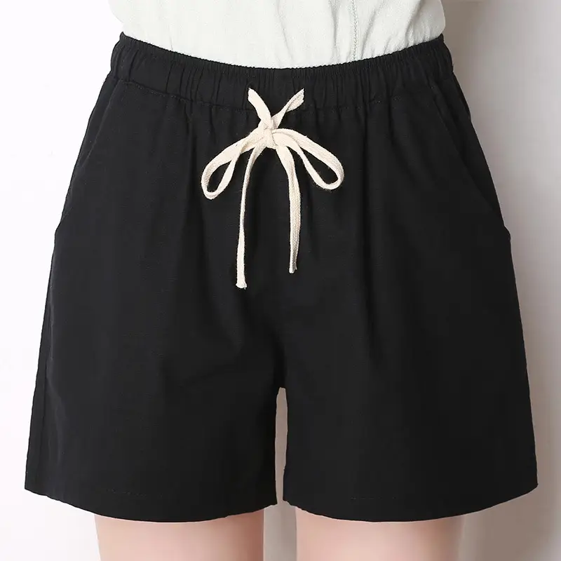 Women Orange Cotton Linen Loose Shorts Large - Image 3