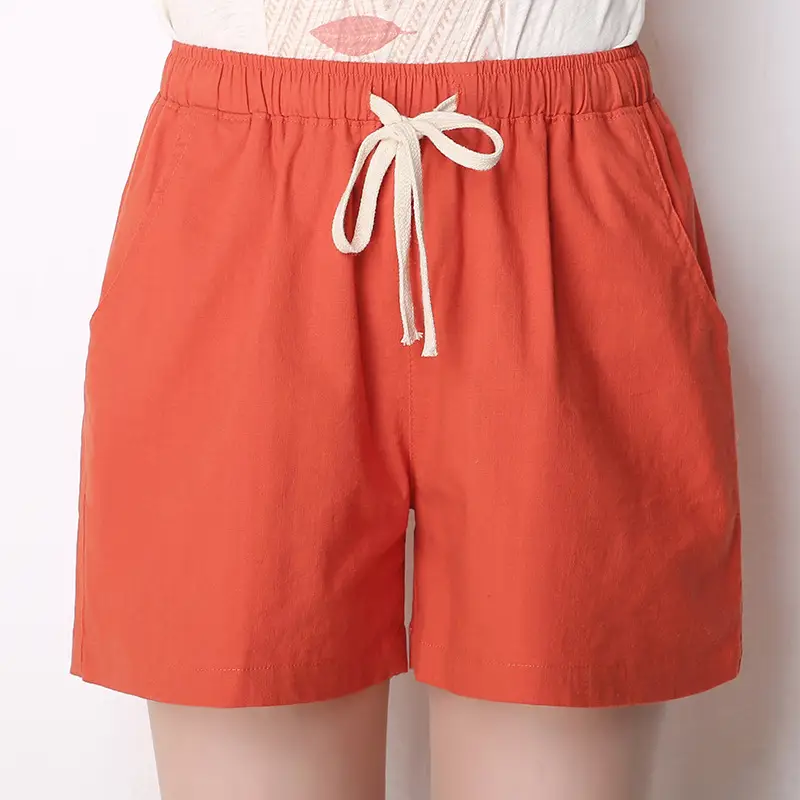 Women Orange Cotton Linen Loose Shorts Large - Image 5