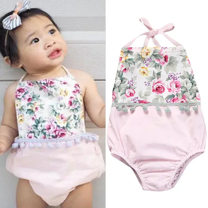 2025 Summer Floral Baby Romper Pink Bow