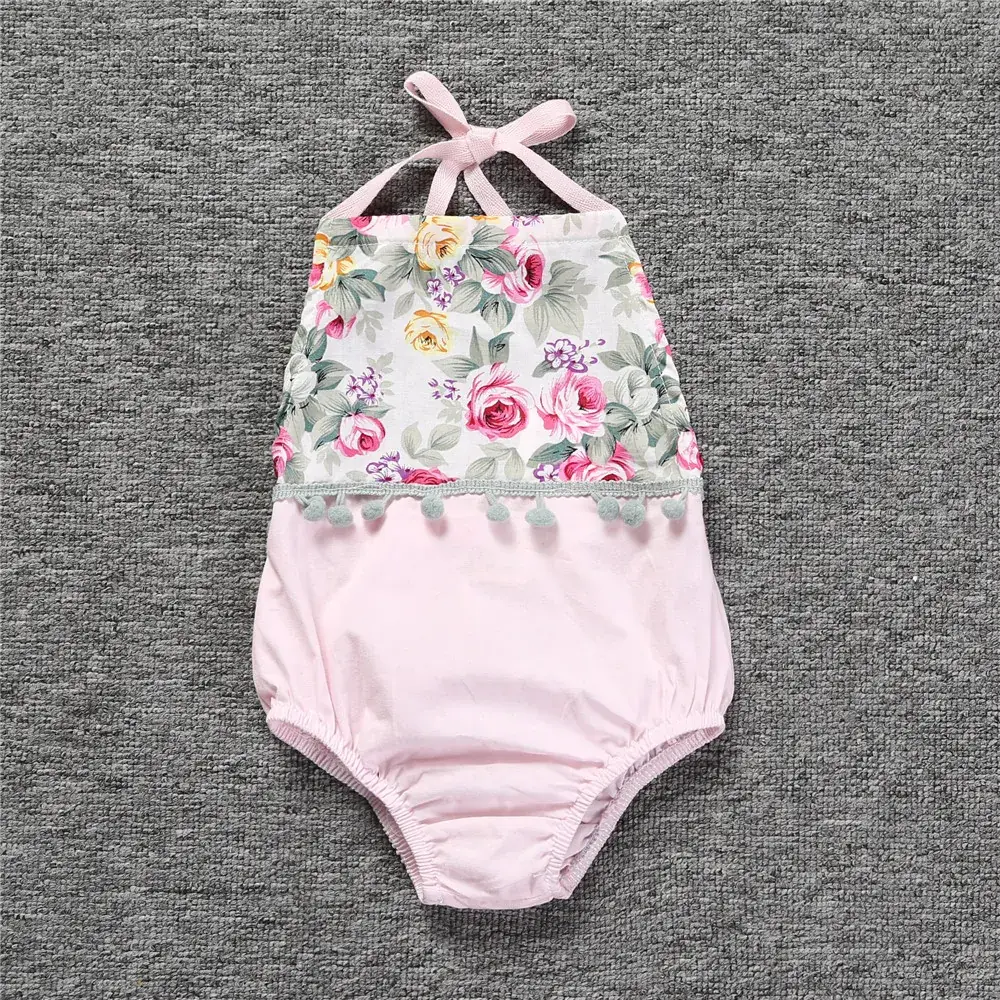 2025 Summer Floral Baby Romper Pink Bow