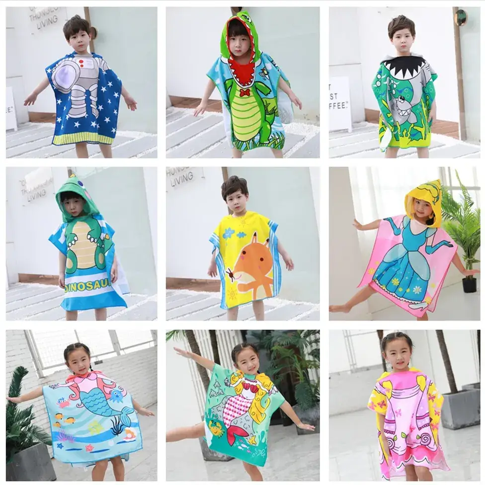 Kids Dino Bathrobe Blue Pink Green Cartoon Bath Towel
