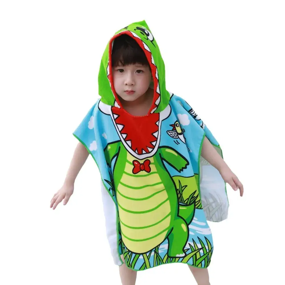 Kids Dino Bathrobe Blue Pink Green Cartoon Bath Towel