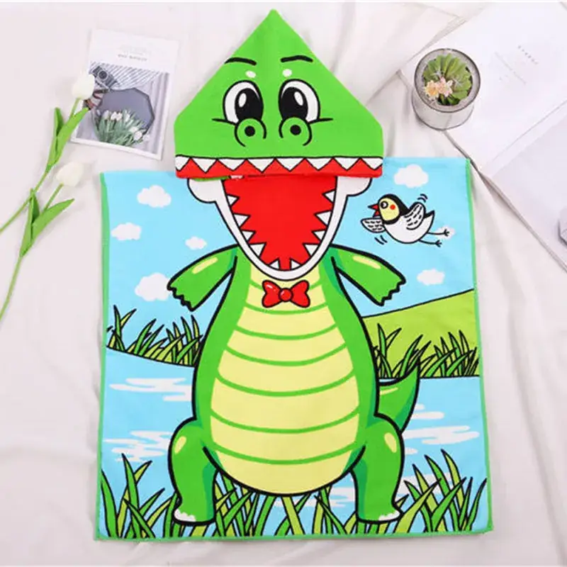 Kids Dino Bathrobe Blue Pink Green Cartoon Bath Towel