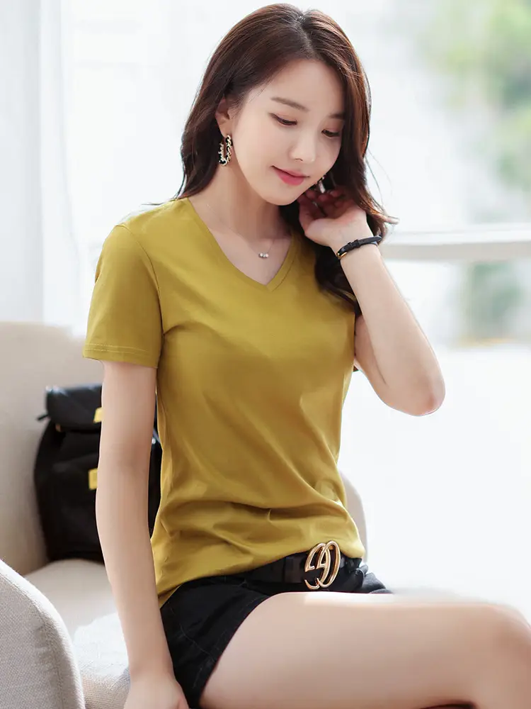Women Mercerized Cotton V-Neck T-Shirt Green - Image 24