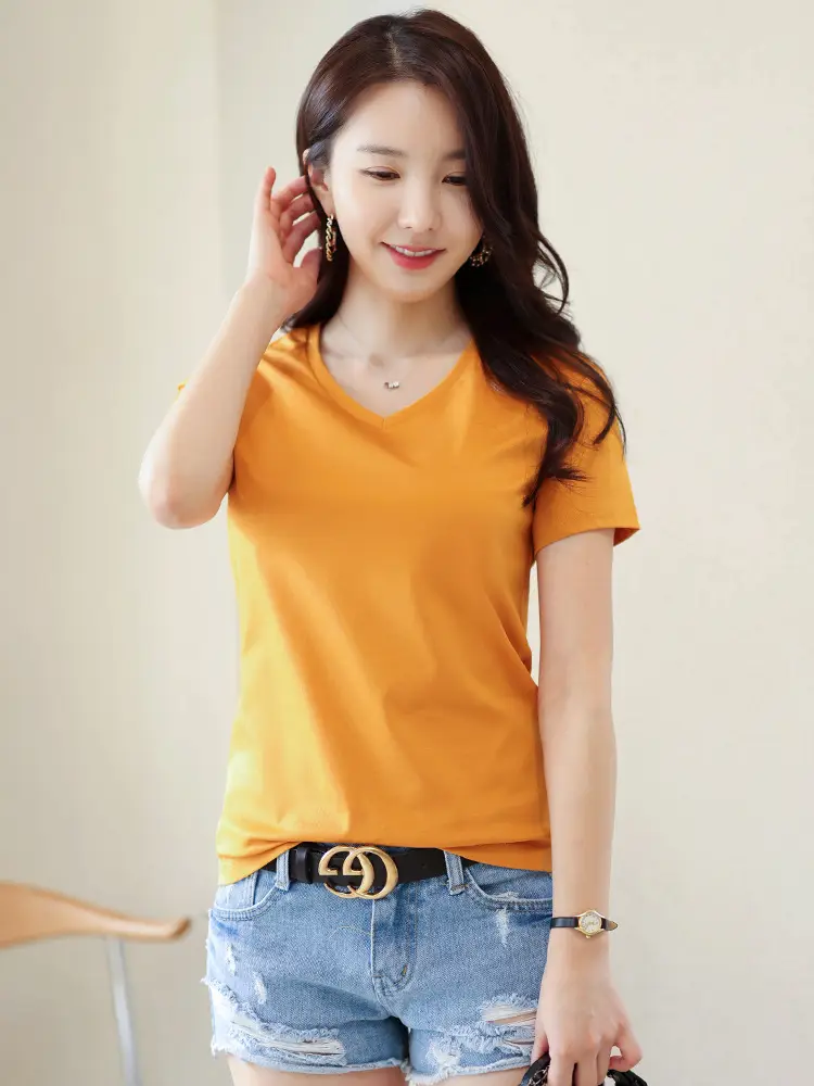 Women Mercerized Cotton V-Neck T-Shirt Green - Image 26