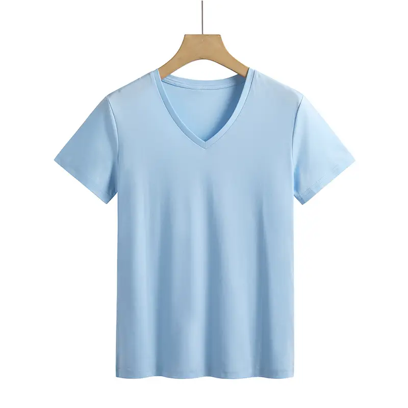 Women Mercerized Cotton V-Neck T-Shirt Green - Image 7