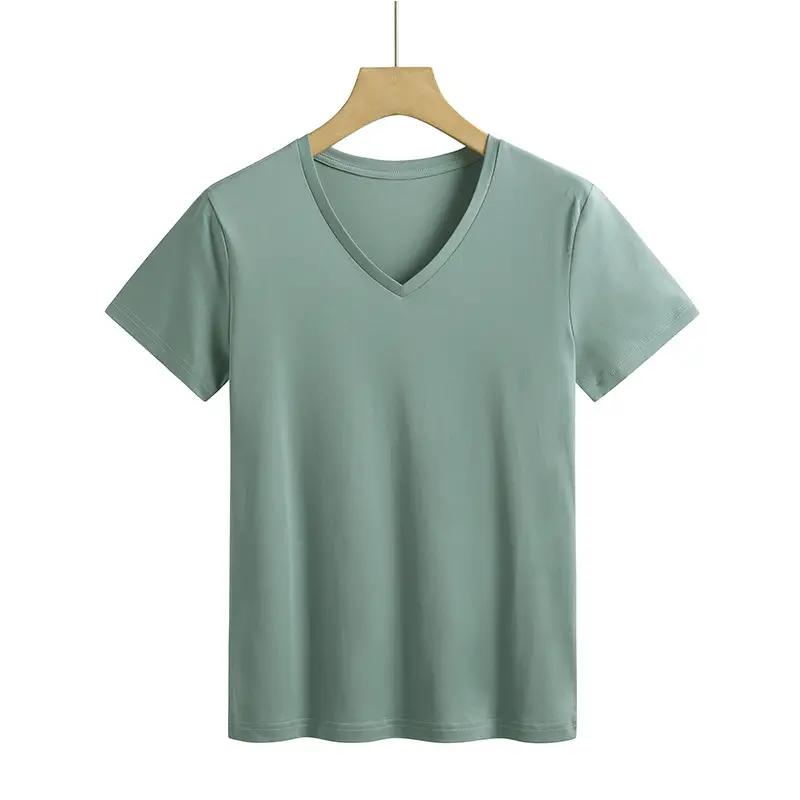 Women Mercerized Cotton V-Neck T-Shirt Green - Image 9