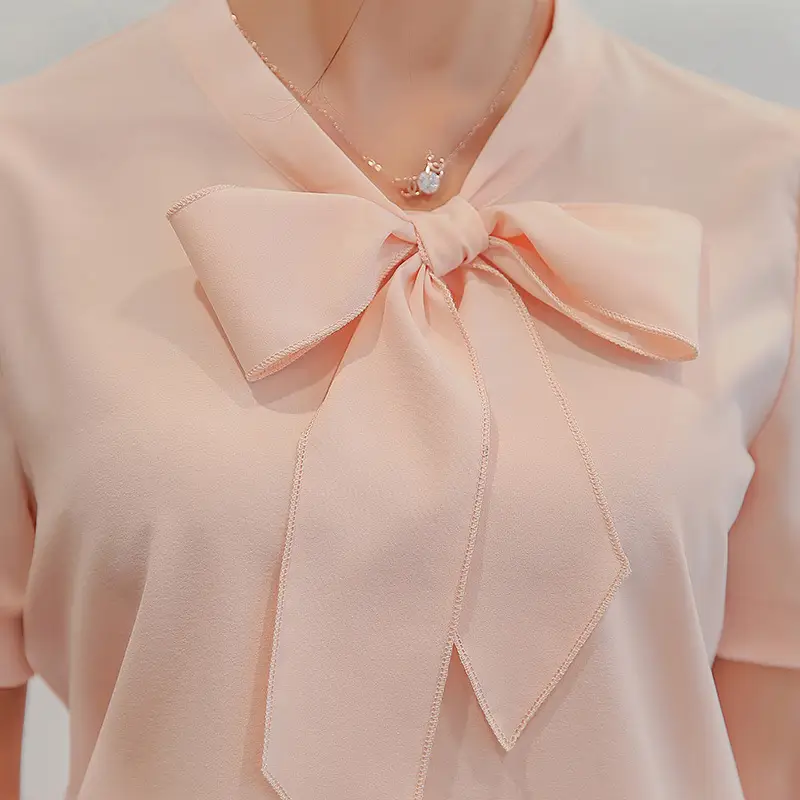 Women's Pink Chiffon Tie Neck Shirt Slim Fit - Image 6
