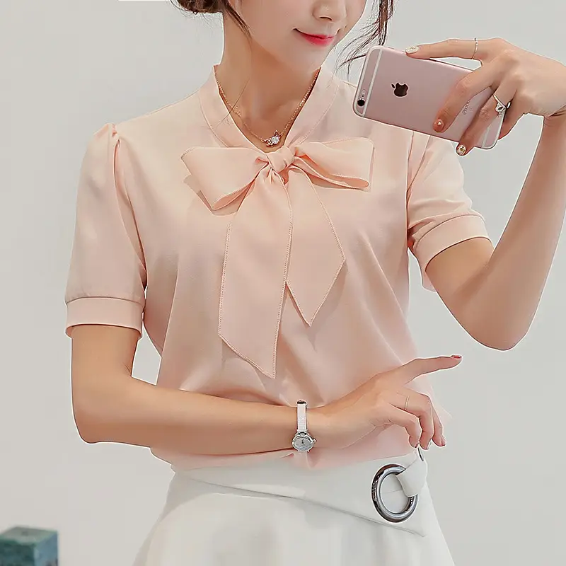 Caidaifei Women's Chiffon Long Sleeve Shirt Pink Bow - Image 2