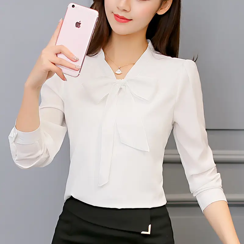 Caidaifei Women's Chiffon Long Sleeve Shirt Pink Bow - Image 3