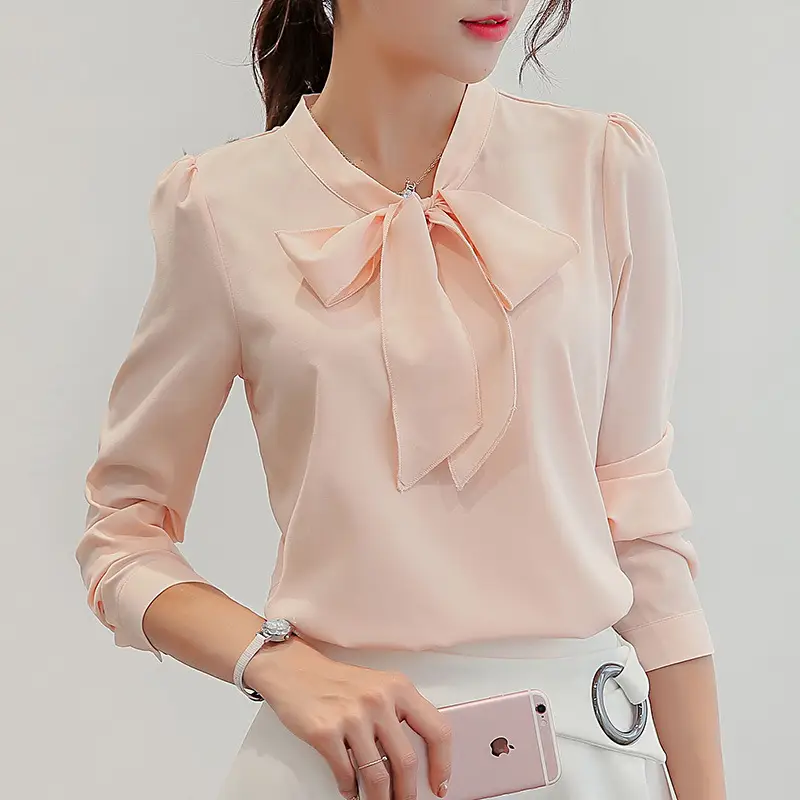 Caidaifei Women's Chiffon Long Sleeve Shirt Pink Bow - Image 4