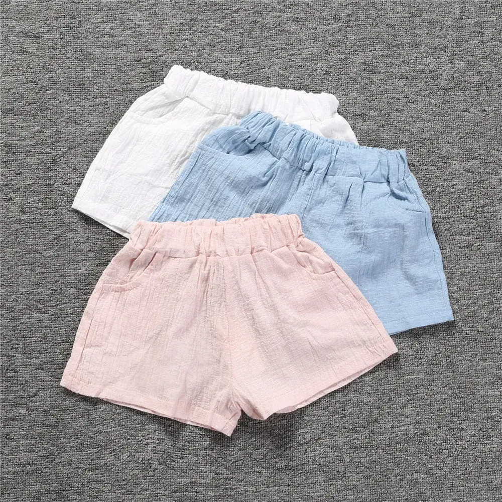 Summer Cotton Linen Shorts for Kids Girls White Blue Pink - Image 5