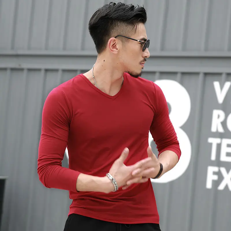 Men's Red Long Sleeve Solid Color T-Shirt