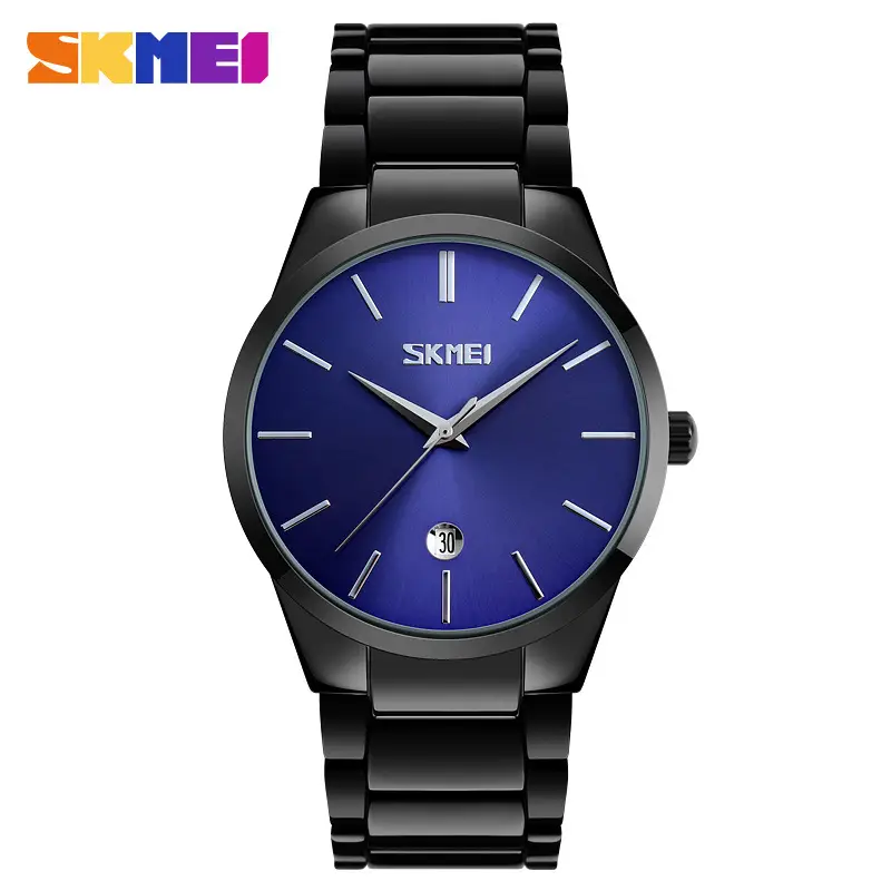 Skneil Men's Black Blue Quartz Watch with Steel Band - Image 2