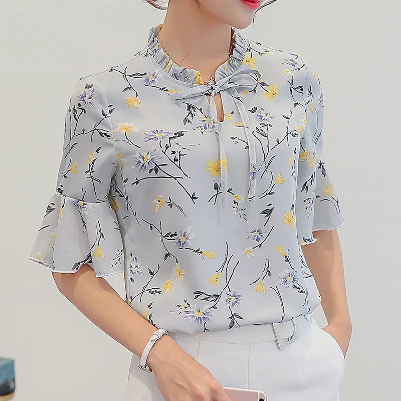 Women's Floral Chiffon Shirt Short Sleeve Keyhole Neck