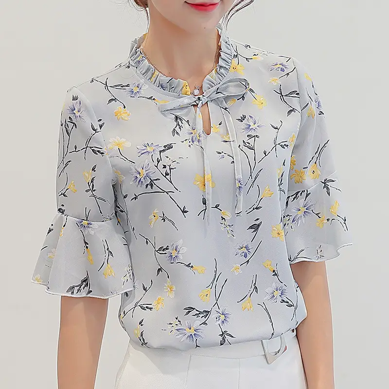 Women's Floral Chiffon Shirt Short Sleeve Keyhole Neck