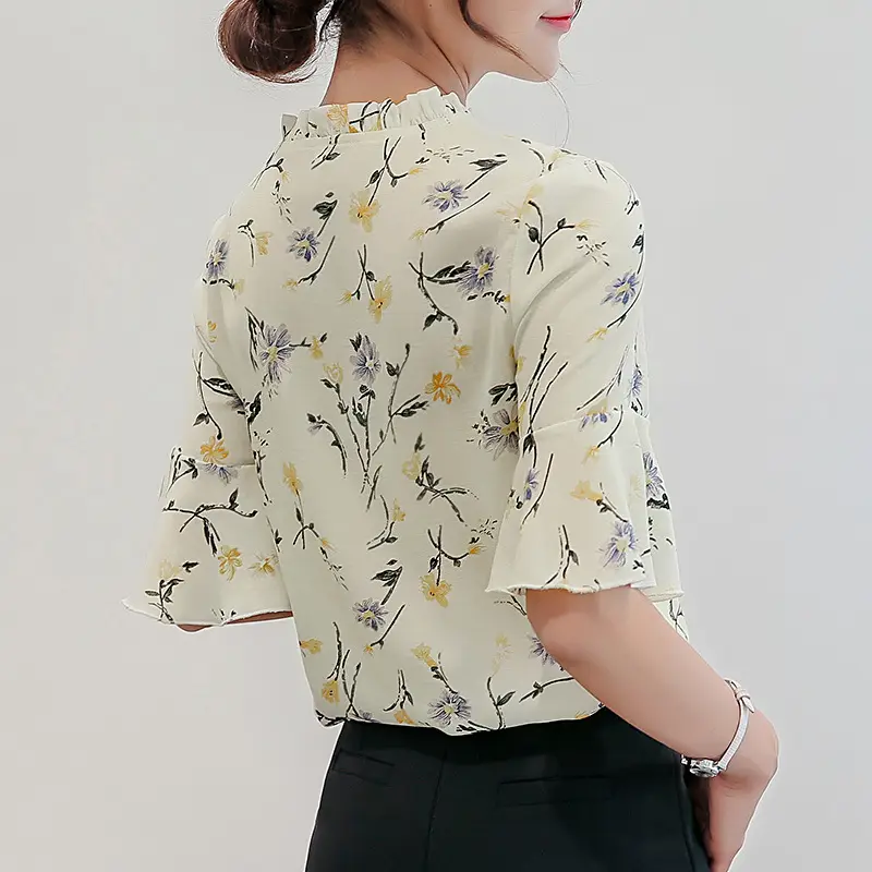 Women's Floral Chiffon Shirt Short Sleeve Keyhole Neck