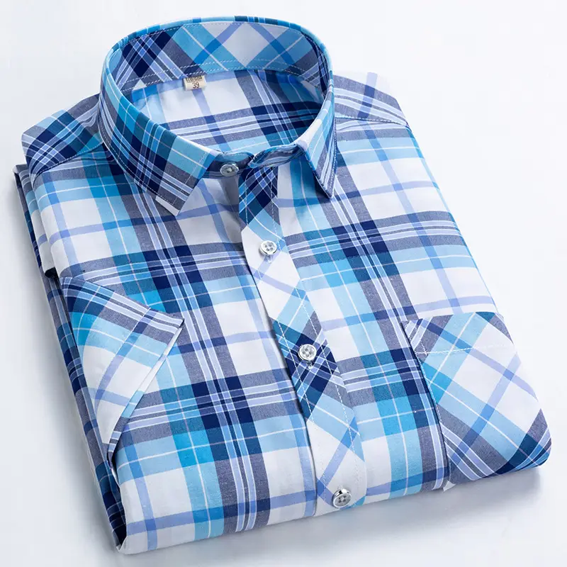Men's Blue Plaid Short Sleeve Shirt Plus Size - Image 2