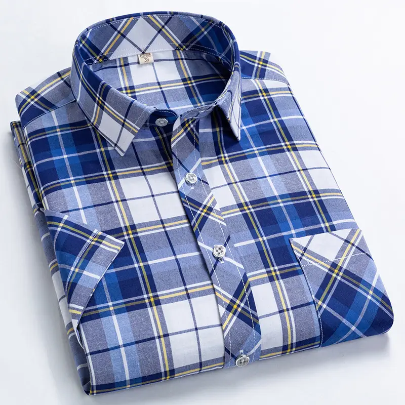 Men's Blue Plaid Short Sleeve Shirt Plus Size - Image 3