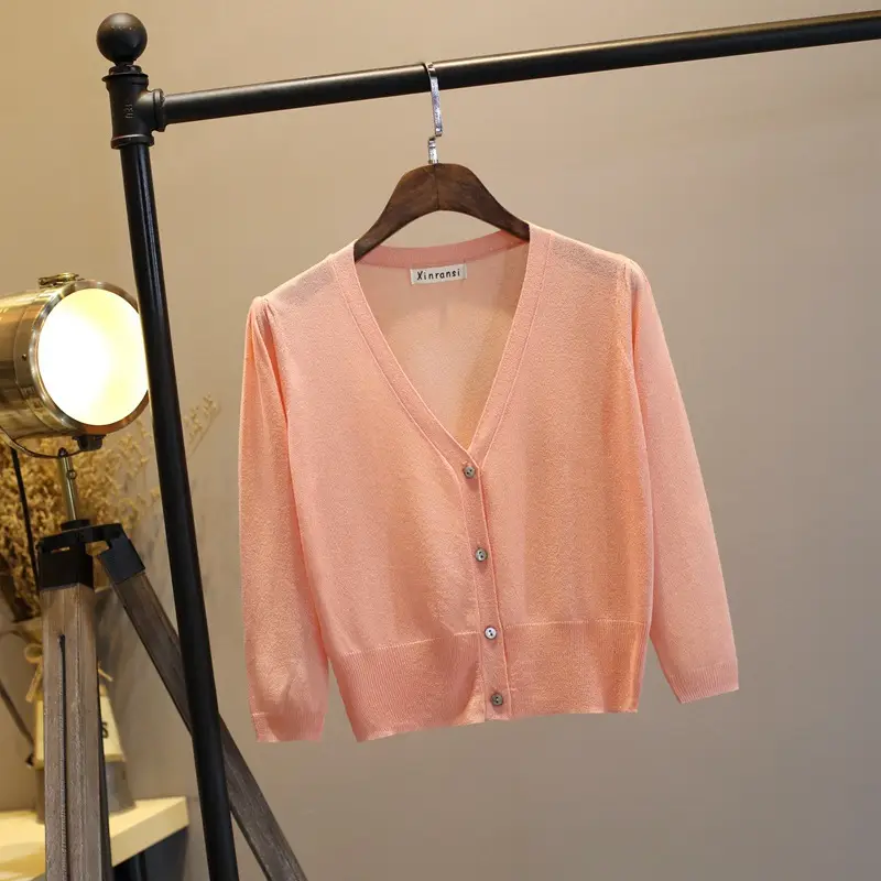 Women's Light Blue Knitted V-Neck Cardigan 3/4 Sleeve