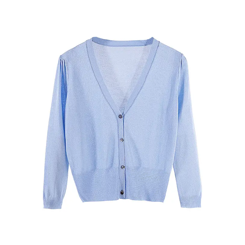 Women's Light Blue Knitted V-Neck Cardigan 3/4 Sleeve