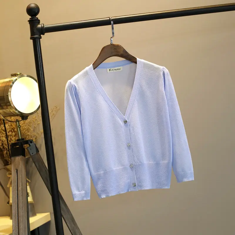 Women's Light Blue Knitted V-Neck Cardigan 3/4 Sleeve
