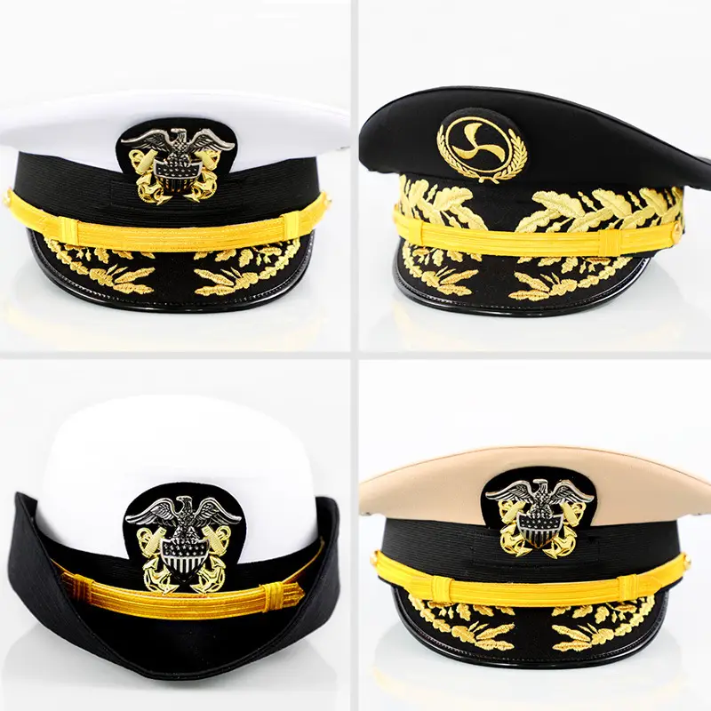 Seamen Captain White Crew Cap Gold Embroidery Black Trim