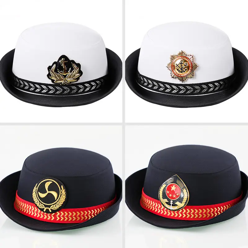 Seamen Captain White Crew Cap Gold Embroidery Black Trim