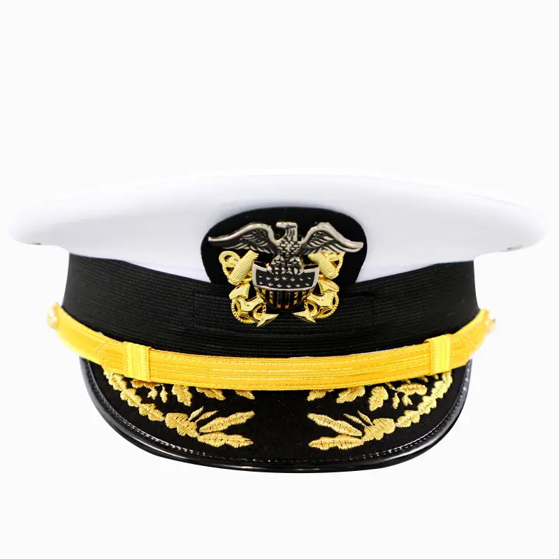 Seamen Captain White Crew Cap Gold Embroidery Black Trim