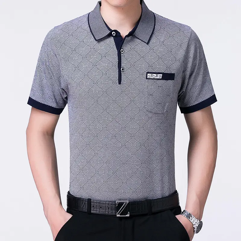 2018 Men's Short Sleeve Polo T-Shirt Grey Patterned - Image 2