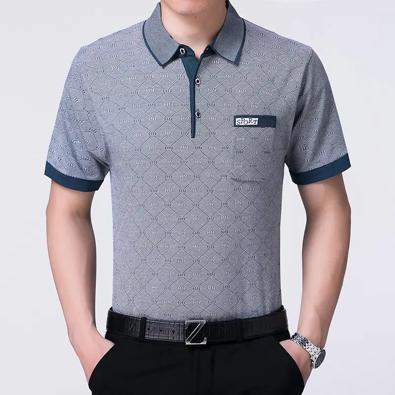 2018 Men's Short Sleeve Polo T-Shirt Grey Patterned - Image 3