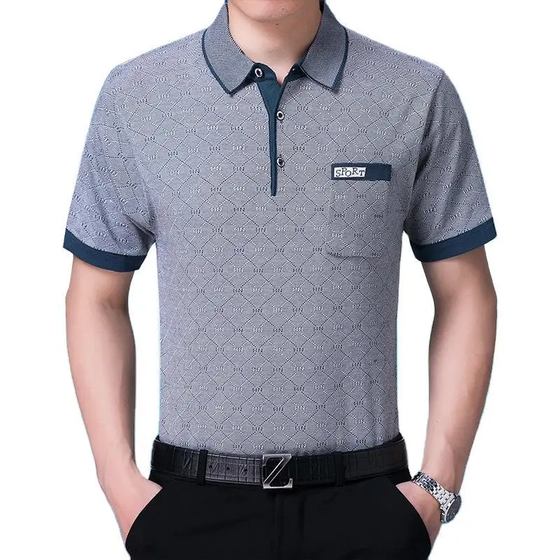 2018 Men's Short Sleeve Polo T-Shirt Grey Patterned - Image 5