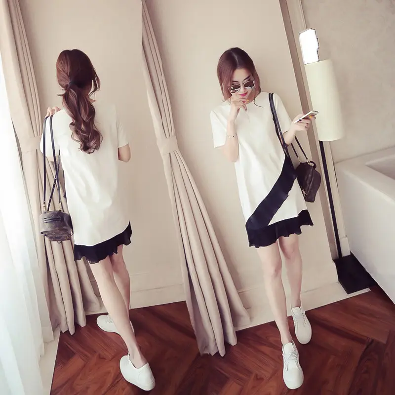 Women Ruffled Dress Black White Summer Loose Medium