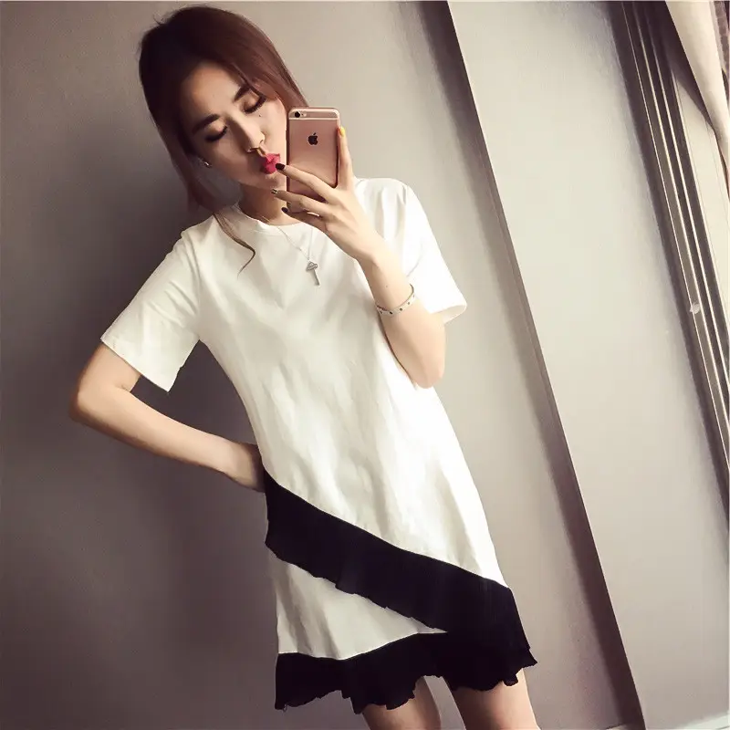 Women Ruffled Dress Black White Summer Loose Medium