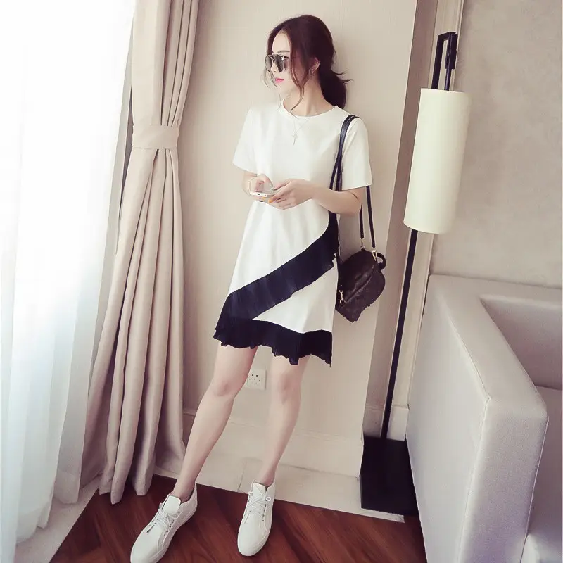 Women Ruffled Dress Black White Summer Loose Medium