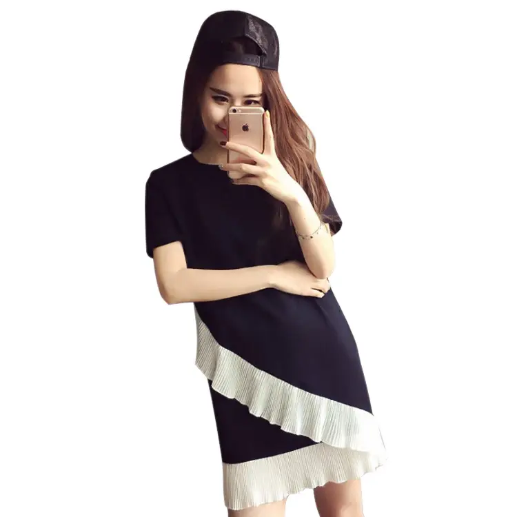 Women Ruffled Dress Black White Summer Loose Medium