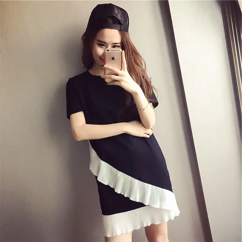 Women Ruffled Dress Black White Summer Loose Medium