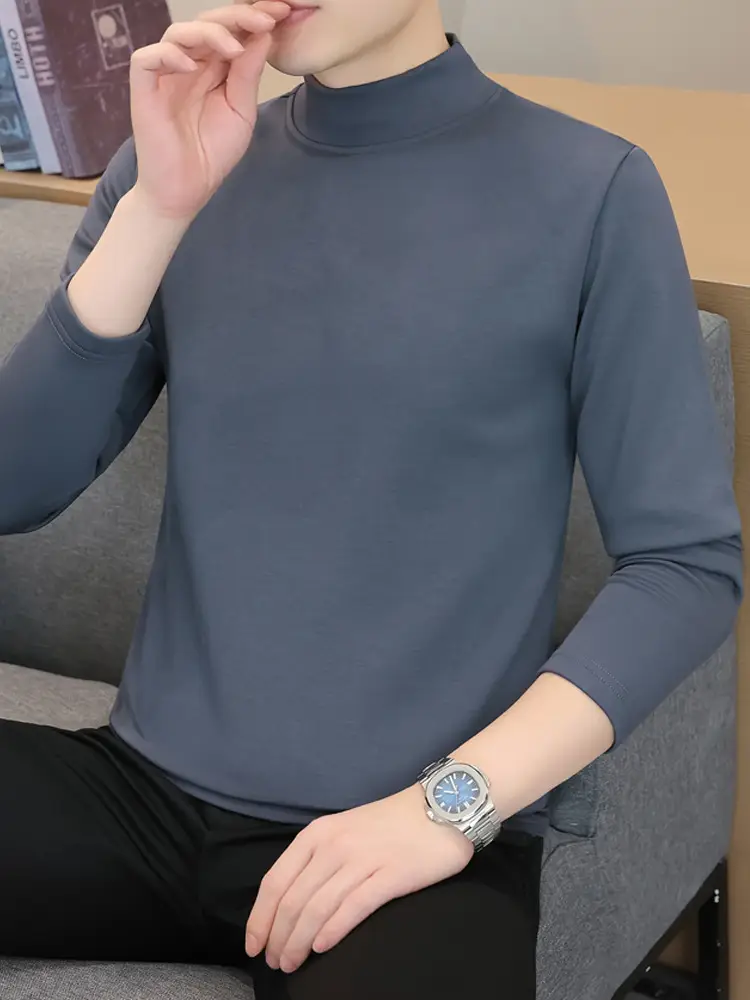 Men's Grey High-Neck Long Sleeve T-Shirt - Image 14