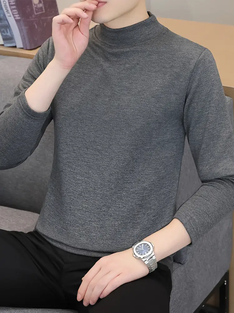 Men's Grey High-Neck Long Sleeve T-Shirt - Image 15