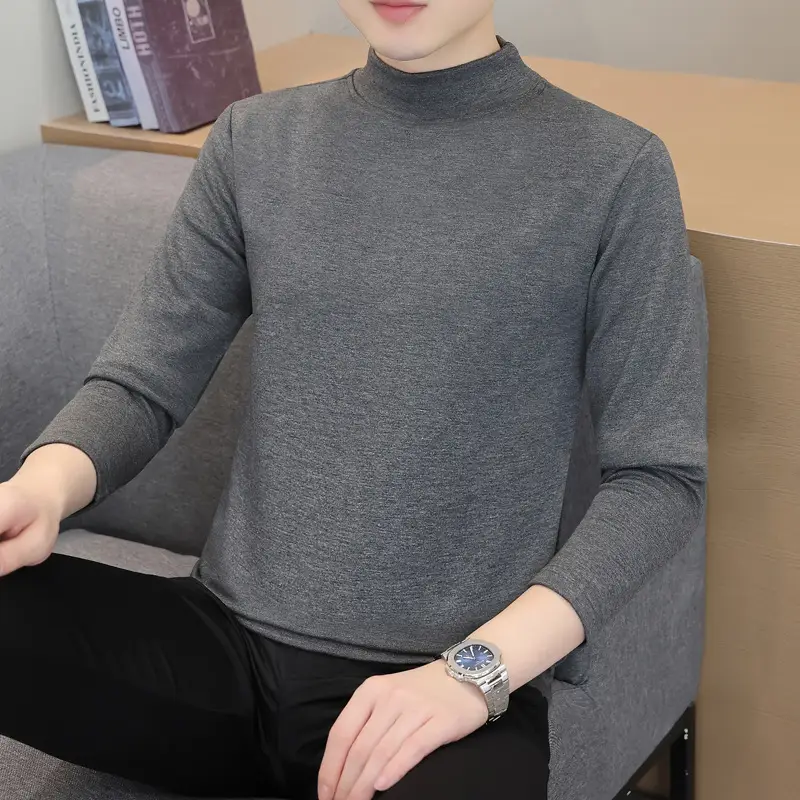 Men's Grey High-Neck Long Sleeve T-Shirt - Image 3