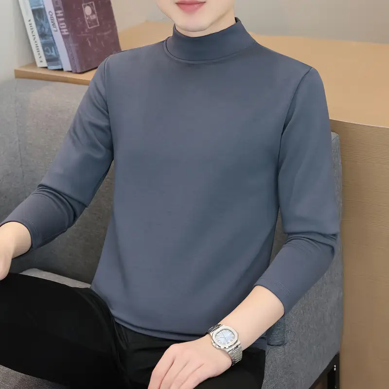 Men's Grey High-Neck Long Sleeve T-Shirt - Image 4