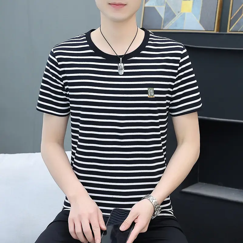 Men Striped Slim Fit T-Shirt Black White