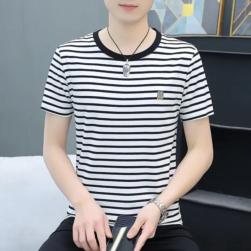 Men Striped Slim Fit T-Shirt Black White