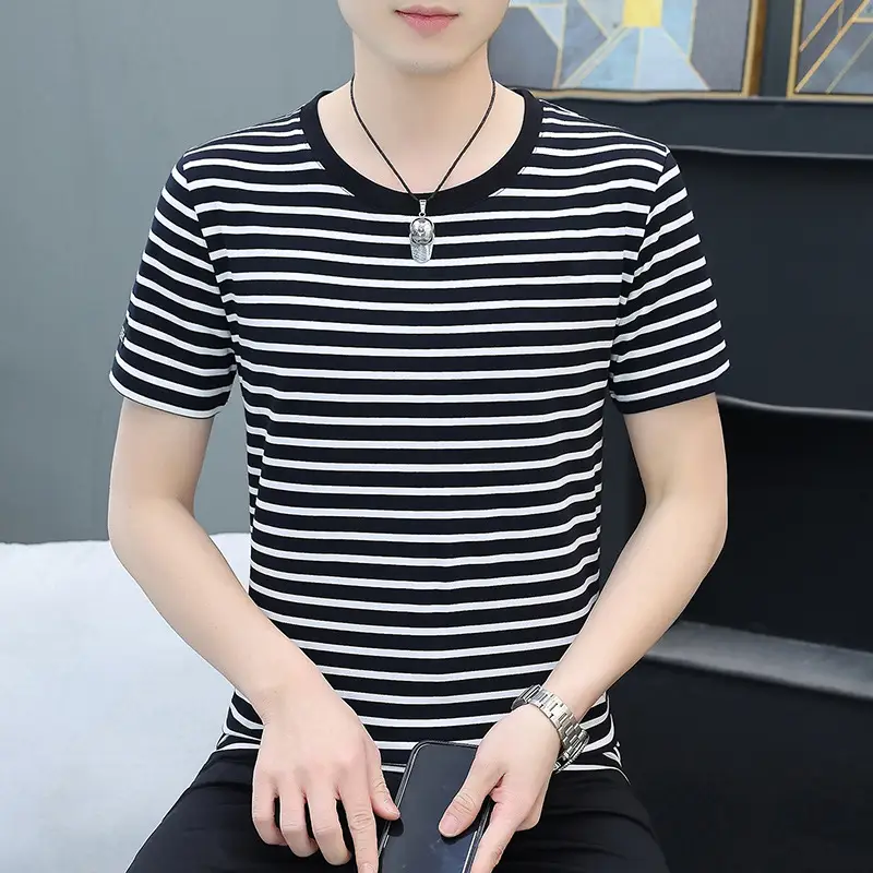 Men Striped Slim Fit T-Shirt Black White